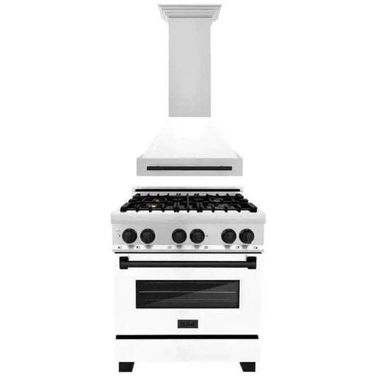 ZLINE Autograph Edition 30 in. Kitchen Package with Stainless Steel Dual Fuel Range with White Matte Door and Range Hood with Matte Black Accents (2AKP-RAWMRH30-MB)