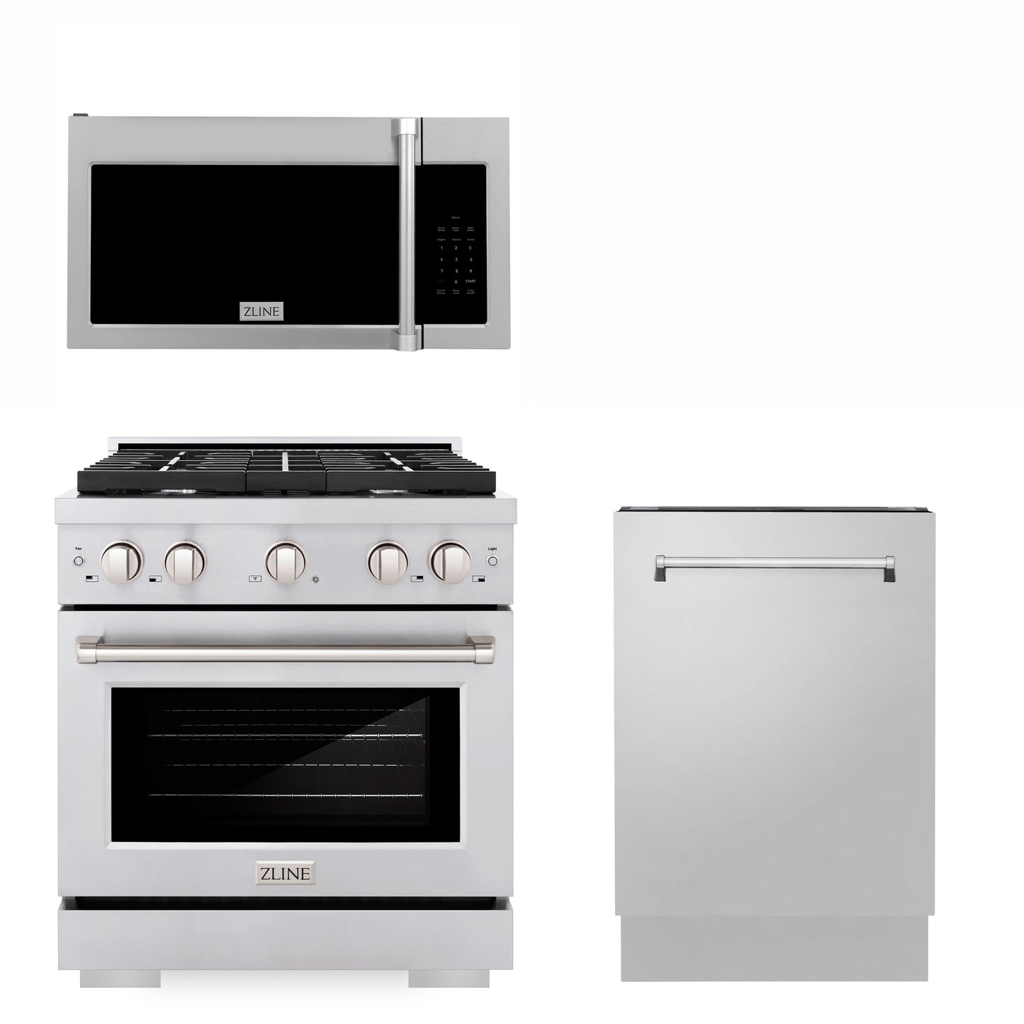 ZLINE 30" Kitchen Package with Stainless Steel Gas Range, Traditional Over The Range Microwave and Tall Tub Dishwasher (3KP-SGROTRH30-DWV)