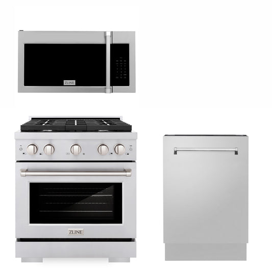 ZLINE 30" Kitchen Package with Stainless Steel Gas Range, Traditional Over The Range Microwave and Tall Tub Dishwasher (3KP-SGROTRH30-DWV)