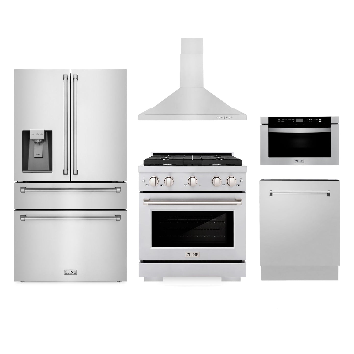 ZLINE Kitchen Package with Water and Ice Dispenser Refrigerator, 30" Gas Range, 30" Range Hood, Microwave Drawer, and 24" Tall Tub Dishwasher (5KPRW-SGRRH30-MWDWV)