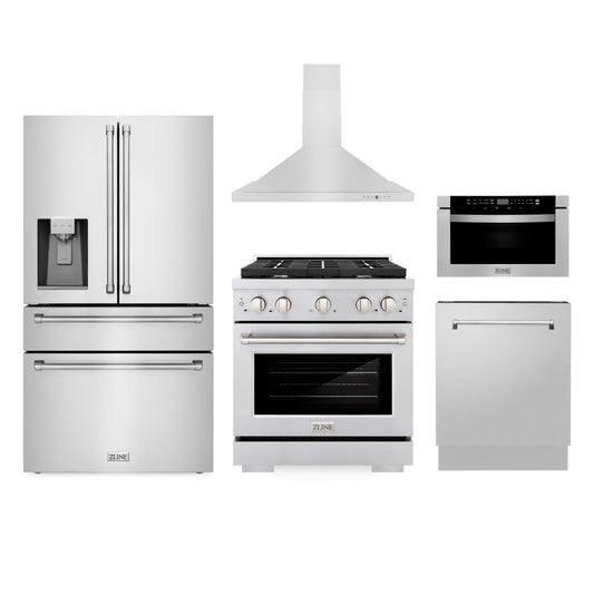ZLINE Kitchen Package with Water and Ice Dispenser Refrigerator, 30" Gas Range, 30" Range Hood, Microwave Drawer, and 24" Tall Tub Dishwasher (5KPRW-SGRRH30-MWDWV)