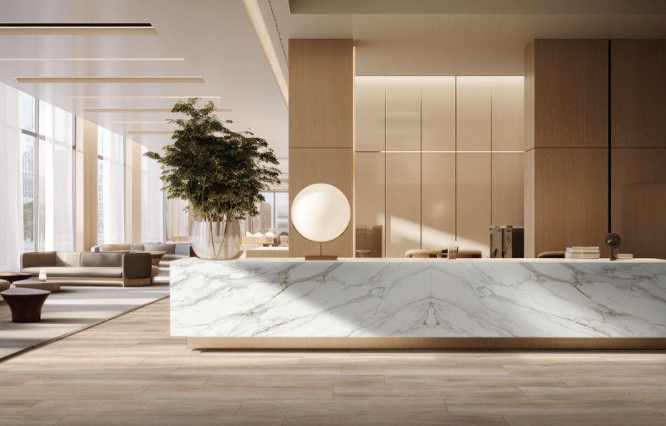Laurel Flaxen - Luxury Vinyl Flooring featured in a hotel lobby