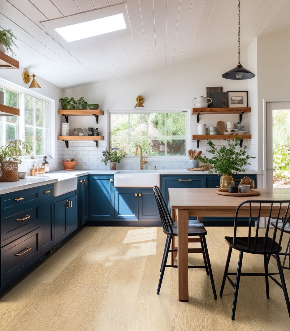 Laurel Reserve Coastal Cottage - Luxury Vinyl Flooring featured in a playfully colored kitchen