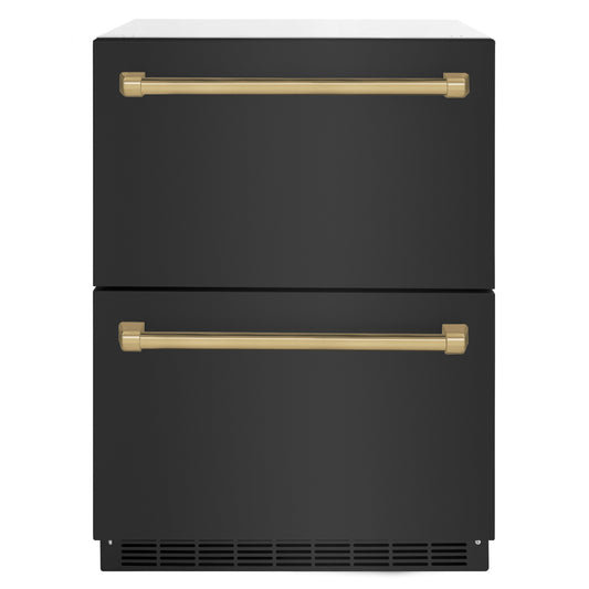 ZLINE Autograph Edition 24 in. Touchstone 168 Can Outdoor-Rated Dual Refrigerator Drawer with Black Stainless Steel Doors and Champagne Bronze Handles (RDSOZ-BS-24-CB)