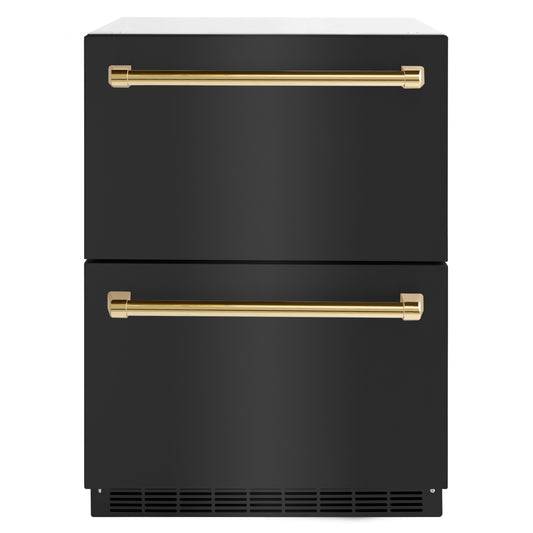ZLINE Autograph Edition 24 in. Touchstone 168 Can Outdoor-Rated Dual Refrigerator Drawer with Black Stainless Steel Doors and Polished Gold Handles (RDSOZ-BS-24-G)