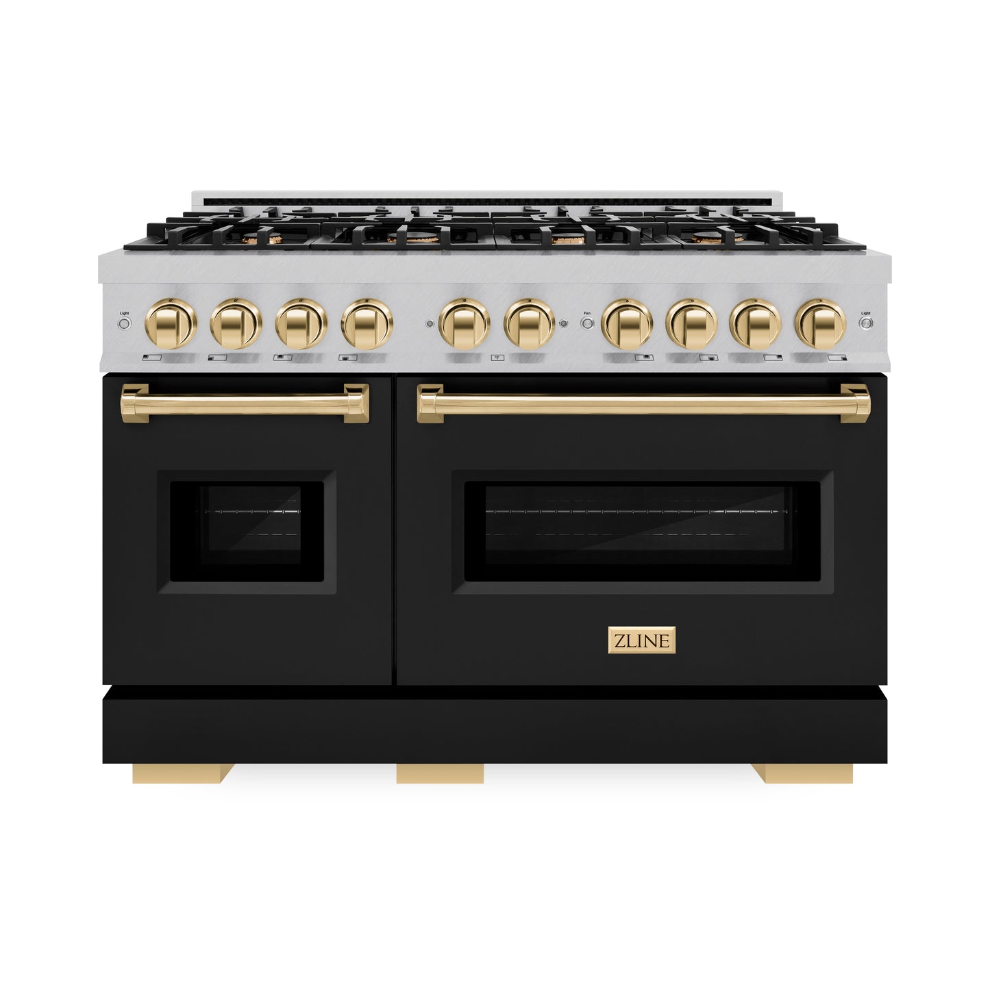 ZLINE Autograph Edition 48 in. 6.7 cu. ft. Classic Double Oven Gas Range with 8 Burner Cooktop in DuraSnow® Stainless Steel with Black Matte Doors and Polished Gold Accents (CGRSZ-BLM-48-G)