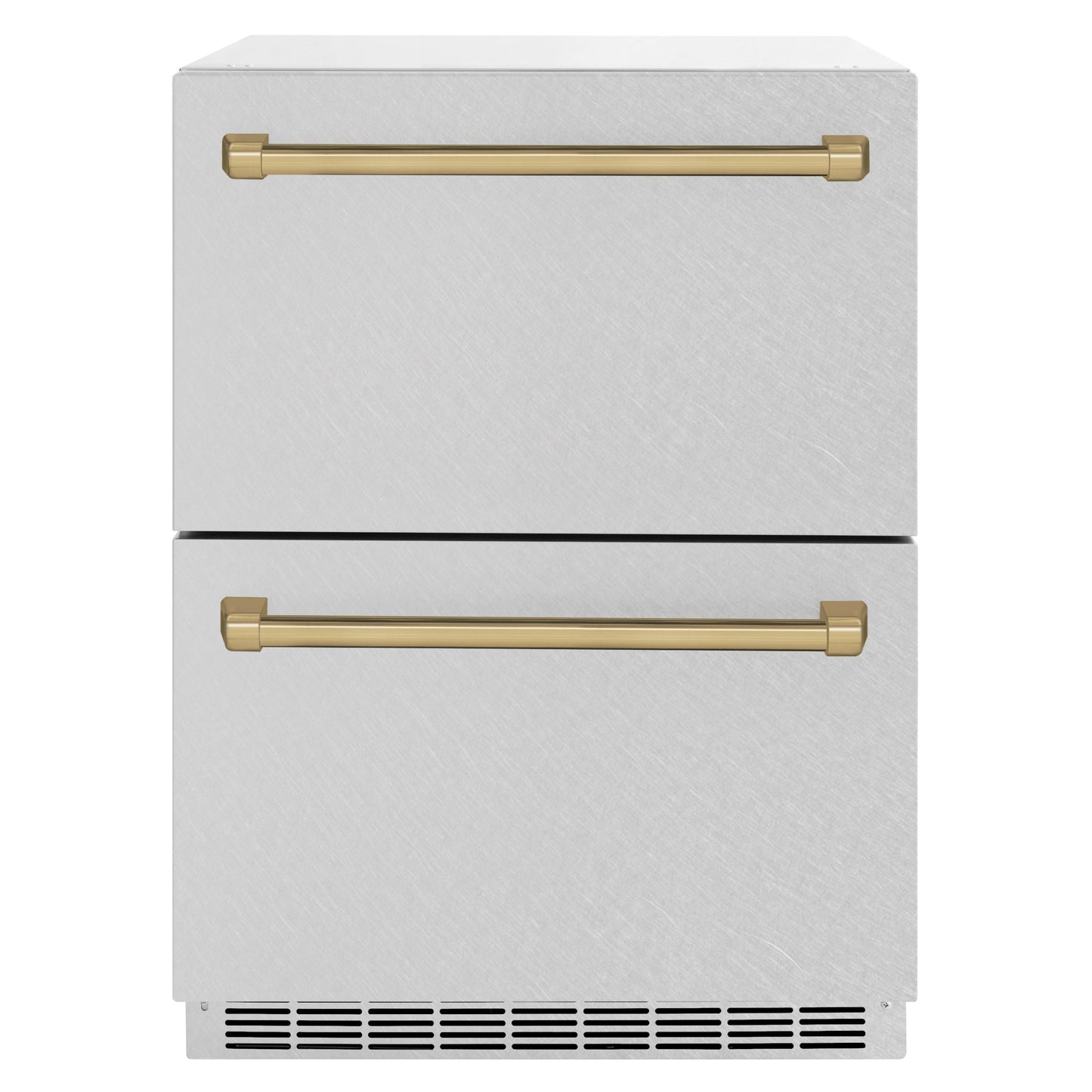 ZLINE Autograph Edition 24 in. Touchstone 168 Can Outdoor-Rated Dual Refrigerator Drawer with DuraSnow® Stainless Steel Doors and Champagne Bronze Handles (RDSOZ-SN-24-CB)