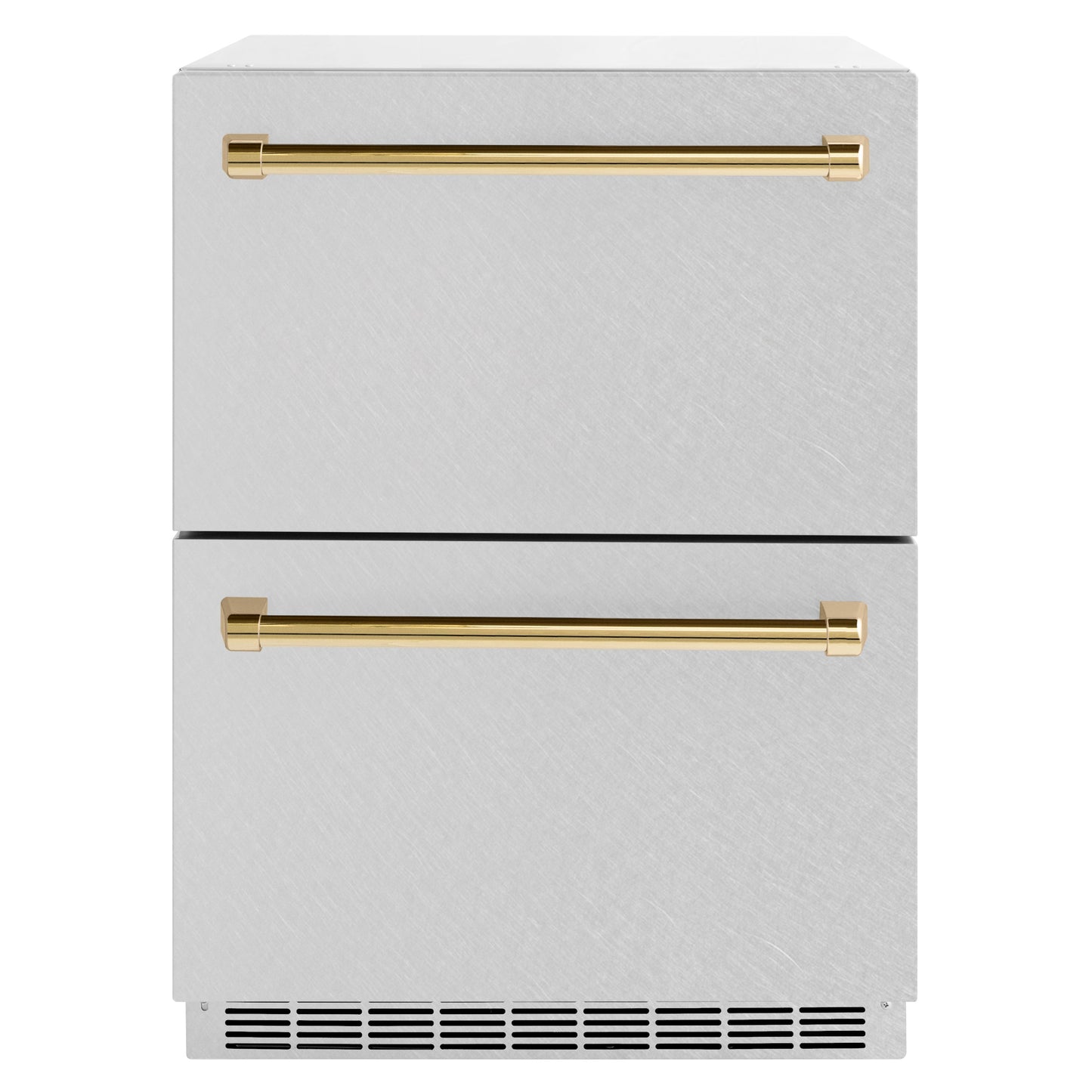 ZLINE Autograph Edition 24 in. Touchstone 168 Can Outdoor-Rated Dual Refrigerator Drawer with DuraSnow® Stainless Steel Doors and Polished Gold Handles (RDSOZ-SN-24-G)