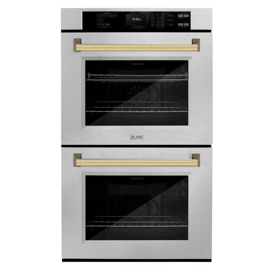 ZLINE 30 in. Autograph Edition Professional True Convection Double Wall Oven with Air Fry and Self Clean in DuraSnow® Stainless Steel with Polished Gold Handles (WADSZ-30-G)