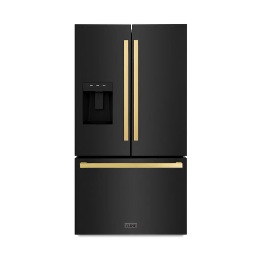 ZLINE Autograph Edition 36 in. 28.9 cu. ft. Standard-Depth French Door External Water Dispenser Refrigerator with Dual Ice Maker in Fingerprint-Resistant Black Stainless Steel and Polished Gold Modern Handles (RSMZ-W-36-BS-FG)