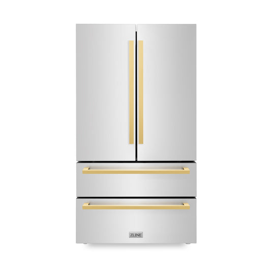 ZLINE Autograph Edition 36 in. 22.5 cu. ft. Counter-Depth French Door Refrigerator with Ice Maker in Fingerprint-Resistant Stainless Steel with Polished Gold Modern Handles (RFMZ-36-FG)