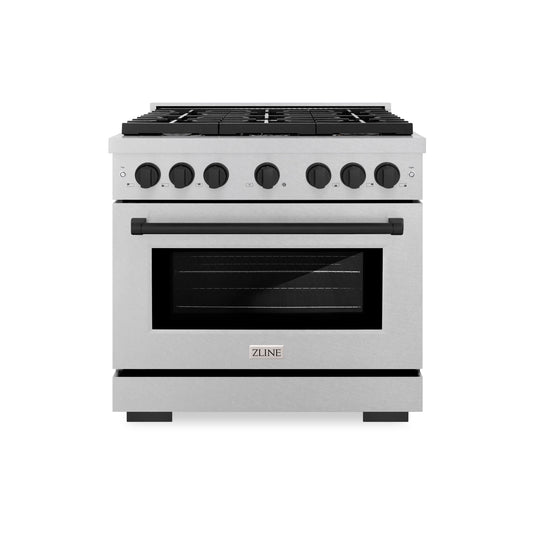 ZLINE Autograph Edition 36 in. 5.2 cu. ft. Paramount Gas Range with 6 Burner Cooktop and Convection Gas Oven in DuraSnow® Stainless Steel and Matte Black Accents (SGRSZ-36-MB)