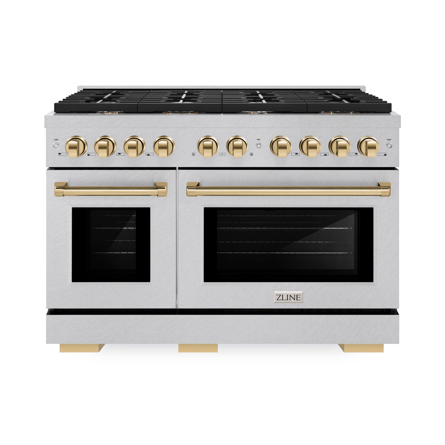 ZLINE Autograph Edition 48 in. 6.7 cu. ft. Paramount Double Oven Gas Range with 8 Burner Cooktop in DuraSnow® Stainless Steel and Polished Gold Accents (SGRSZ-48-G)