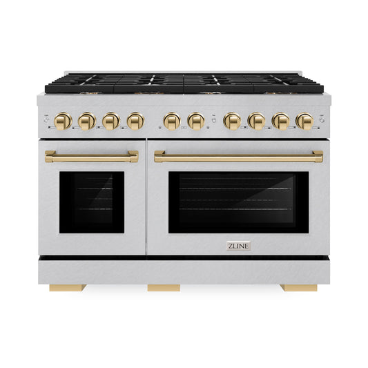 ZLINE Autograph Edition 48 in. 6.7 cu. ft. Paramount Double Oven Gas Range with 8 Burner Cooktop in DuraSnow® Stainless Steel and Polished Gold Accents (SGRSZ-48-G)