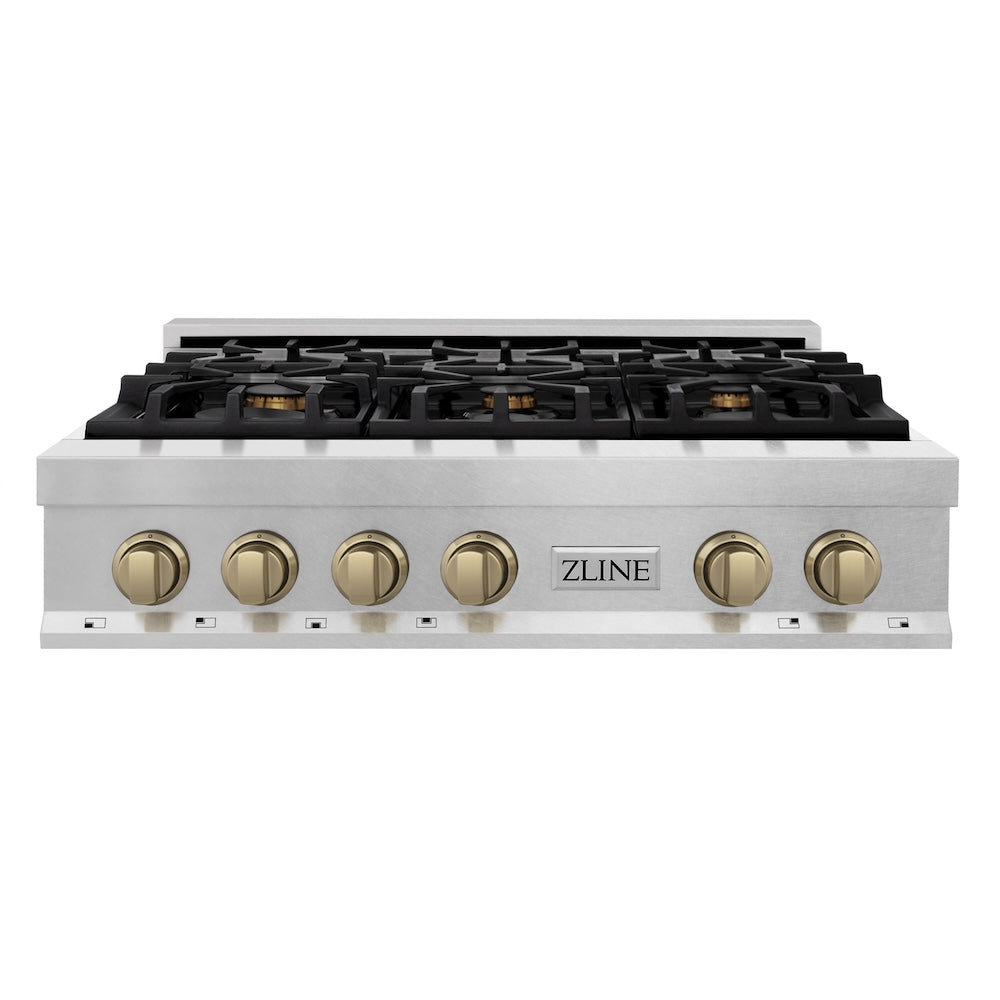 ZLINE Autograph Edition 36 in. Legacy Gas Rangetop with 6 Burners and Porcelain Cooktop in DuraSnow® Stainless Steel with Champagne Bronze Accents (RTSZ-36-CB)
