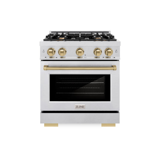ZLINE Autograph Edition 30 in. 4.2 cu. ft. Select Gas Range with 4 Burner Cooktop and Convection Gas Oven in DuraSnow® Stainless Steel and Champagne Bronze Accents (HGRSZ-30-CB)