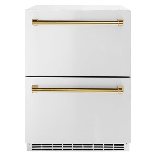 ZLINE Autograph Edition 24 in. Touchstone 168 Can Outdoor-Rated Dual Refrigerator Drawer with Stainless Steel Doors and Polished Gold Handles (RDSOZ-ST-24-G)