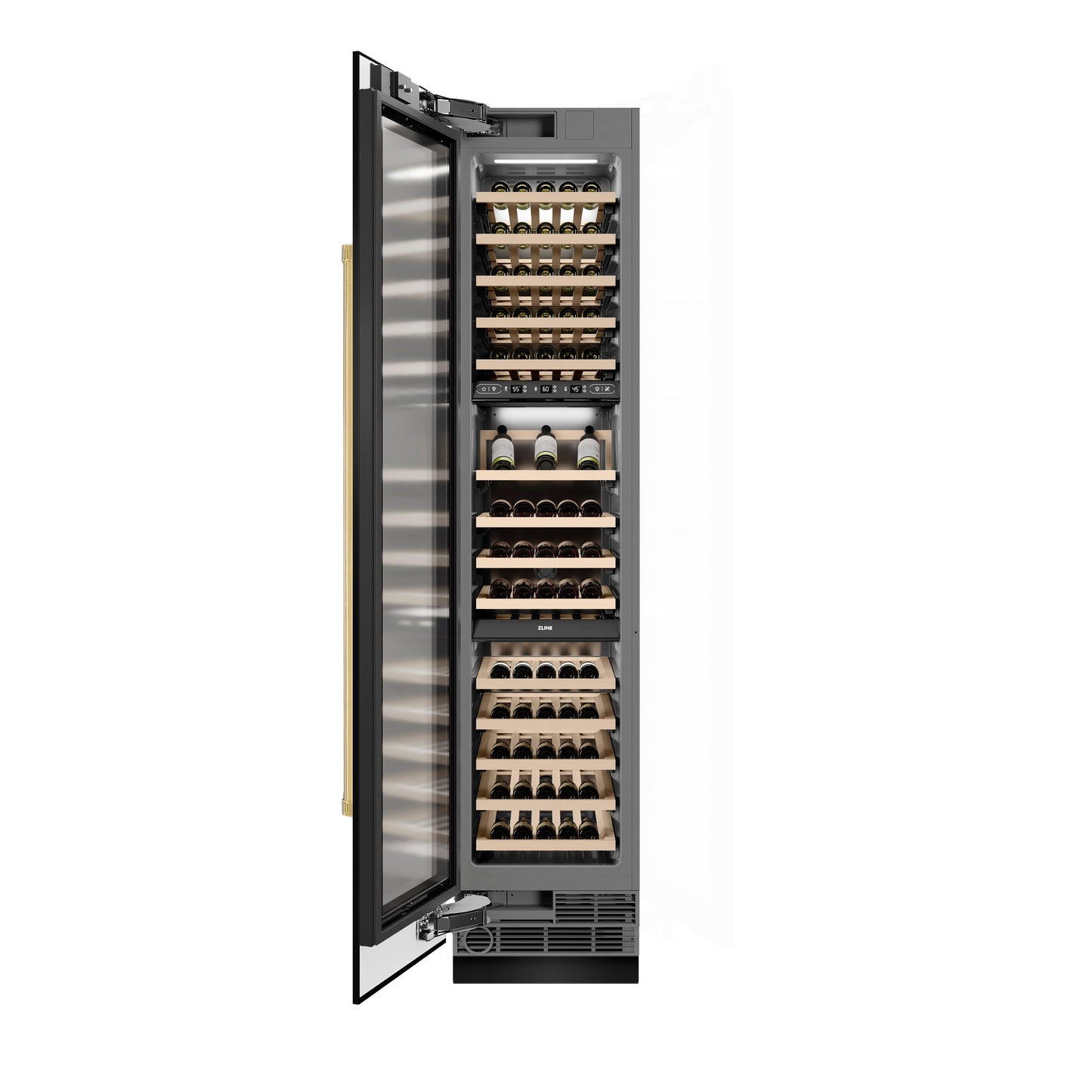 ZLINE Autograph Edition 18 in. 9.0 cu. ft. Triple Zone 68 Bottle Left Hinge Column Wine Cooler in Black Stainless Steel with Polished Gold Accents (RCWVLZ-BS-18-G)