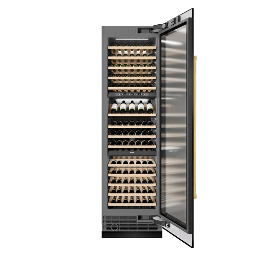 ZLINE Autograph Edition 24 in. 12.4 cu. ft. Triple Zone 100 Bottle Column Wine Cooler in Black Stainless Steel and Polished Gold Accents (RCWVZ-BS-24-G)