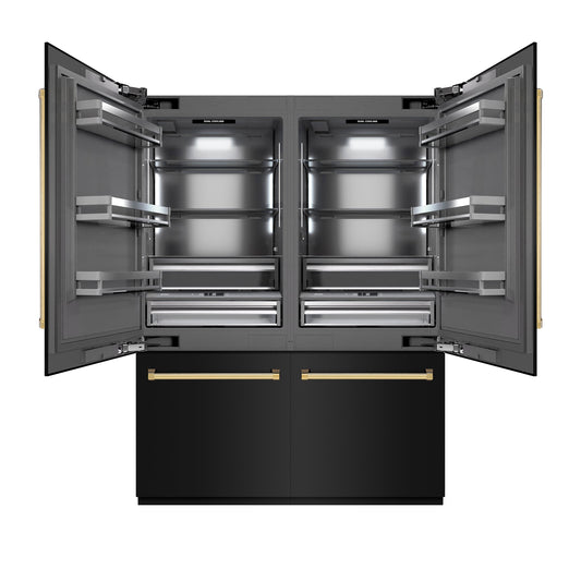 ZLINE Autograph Edition 60 in. 32.2 cu. ft. French Door Built-In Bottom Freezer Refrigerator with Water Dispenser and Ice Maker in Black Stainless Steel with Graphite Gray Interior and Polished Gold Accents (GRBIVZ-BS-60-G)