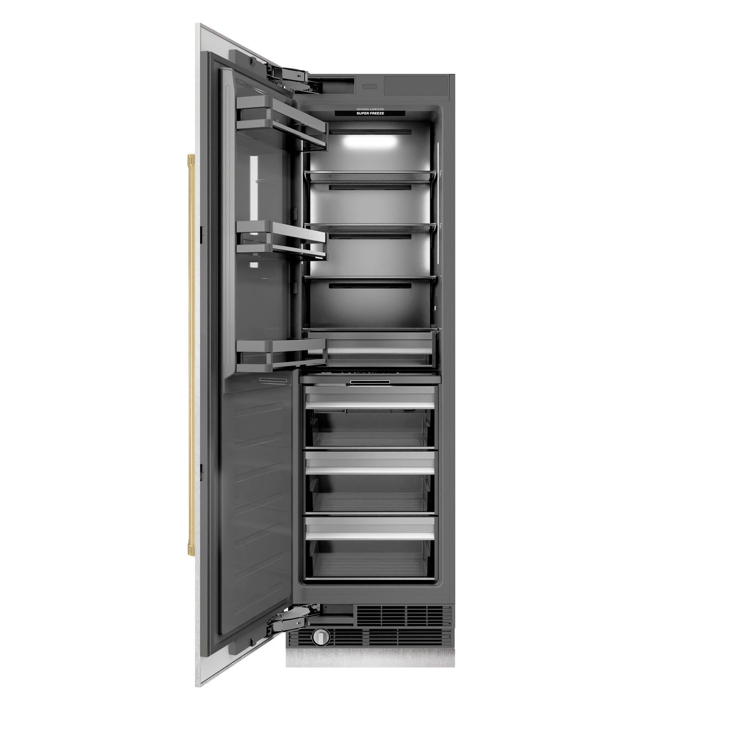 ZLINE Autograph Edition 24 in. 12.4 cu. ft. Column Freezer in DuraSnow® Stainless Steel with Graphite Gray Interior and Polished Gold Accents (RCFVZ-SN-24-G)