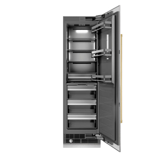 ZLINE Autograph Edition 24 in. 12.5 cu. ft. Column Refrigerator in DuraSnow® Stainless Steel with Graphite Gray Interior and Polished Gold Accents (RCRVZ-SN-24-G)
