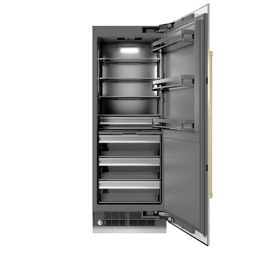 ZLINE Autograph Edition 30 in. 16.7 cu. ft. Column Refrigerator in DuraSnow® Stainless Steel with Graphite Gray Interior and Champagne Bronze Accents (RCRVZ-SN-30-CB)