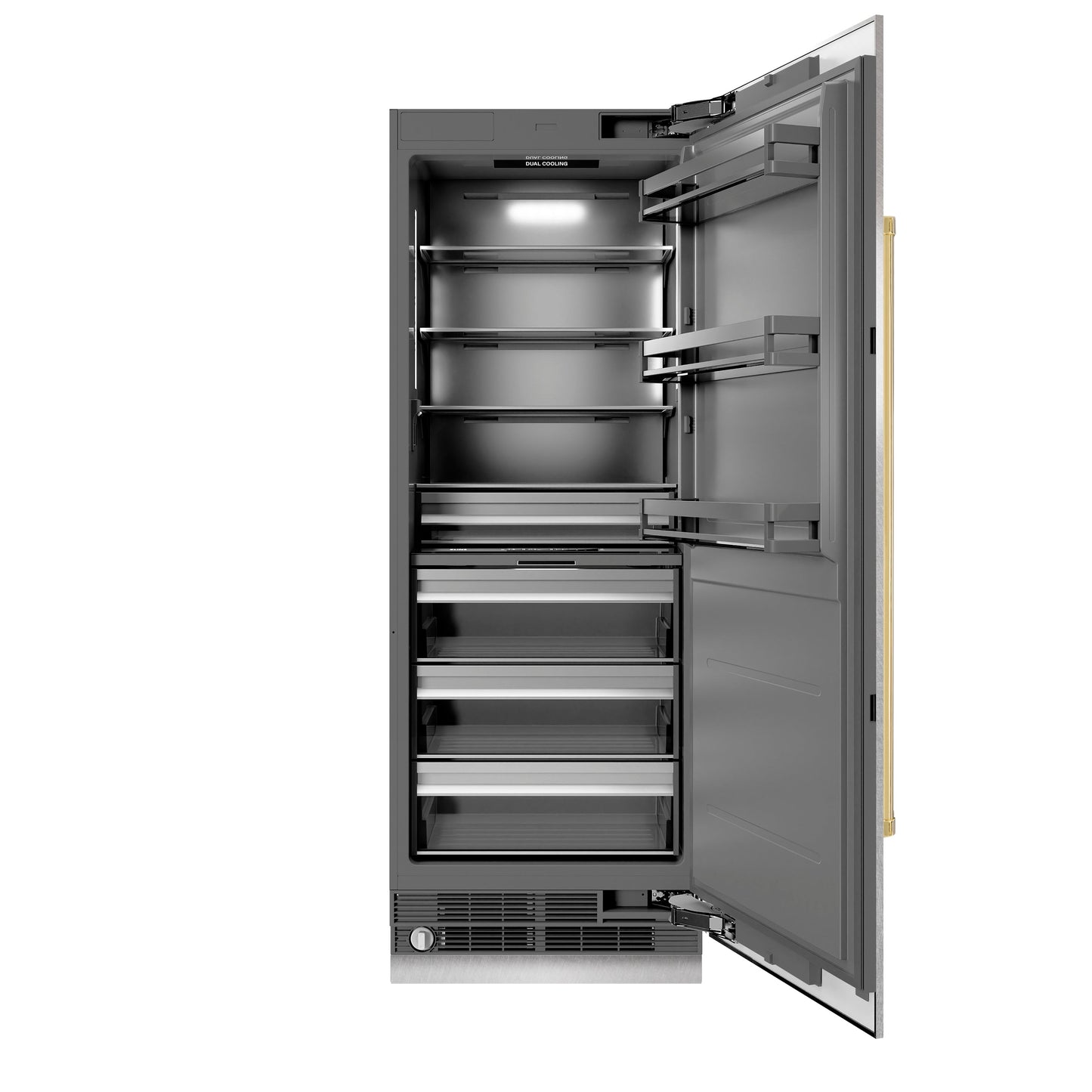 ZLINE Autograph Edition 30 in. 16.7 cu. ft. Column Refrigerator in DuraSnow® Stainless Steel with Graphite Gray Interior and Polished Gold Accents (RCRVZ-SN-30-G)