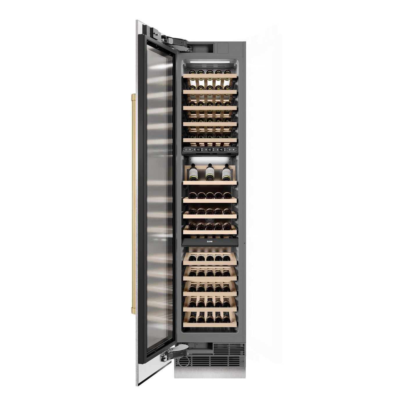 ZLINE Autograph Edition 18 in. 9.0 cu. ft. Triple Zone 68 Bottle Left Hinge Column Wine Cooler in DuraSnow® Stainless Steel with Champagne Bronze Accents (RCWVLZ-SN-18-CB)