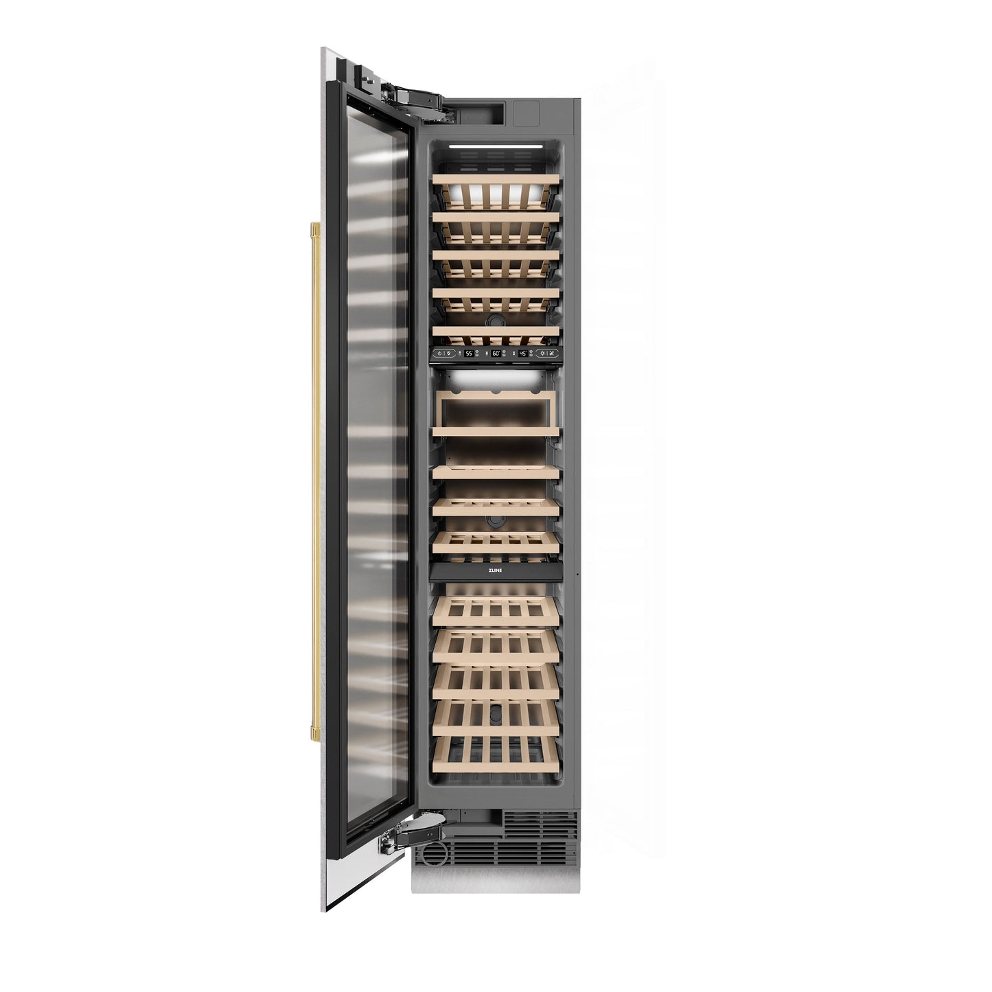 ZLINE Autograph Edition 18 in. 9.0 cu. ft. Triple Zone 68 Bottle Left Hinge Column Wine Cooler in DuraSnow® Stainless Steel with Polished Gold Accents (RCWVLZ-SN-18-G)