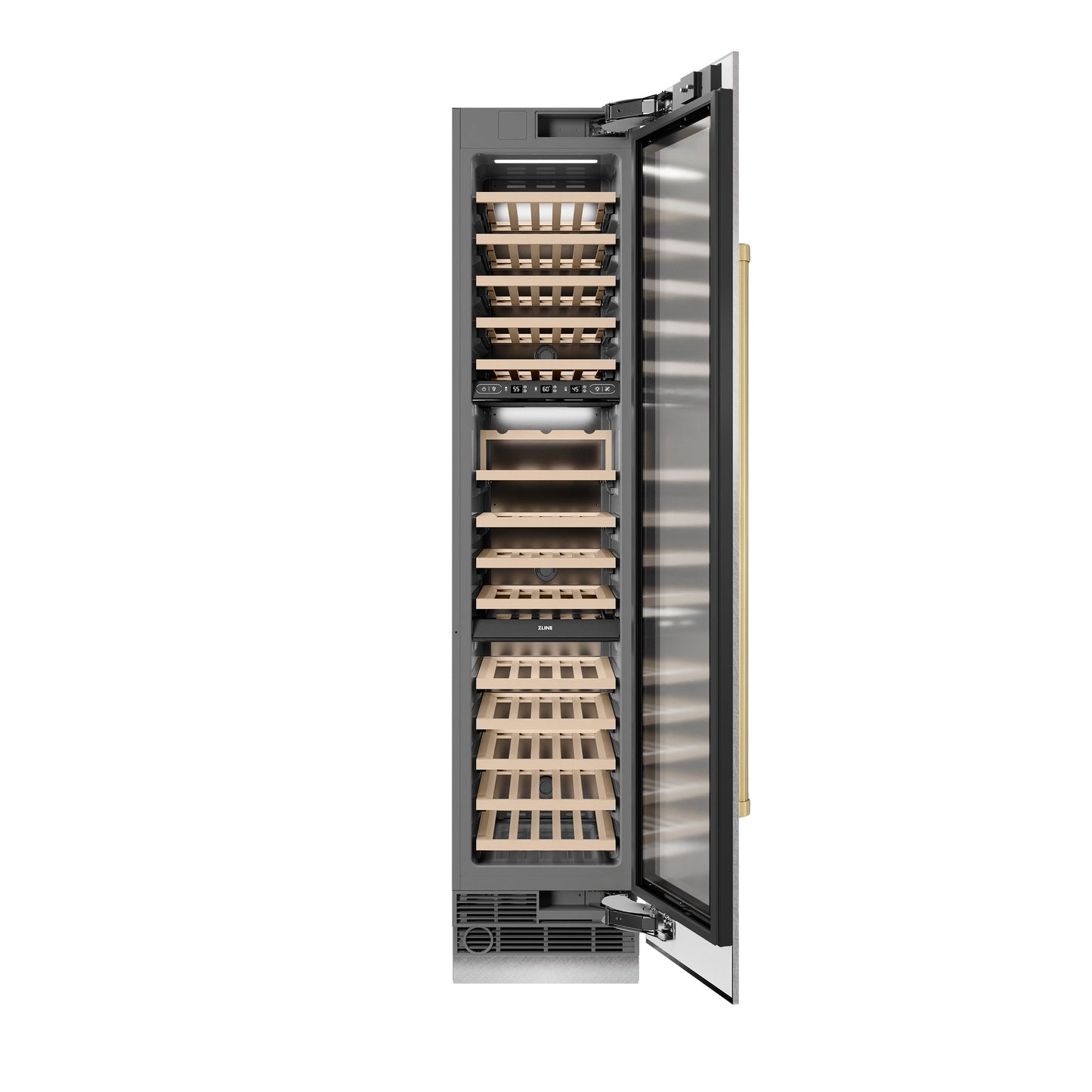 ZLINE Autograph Edition 18 in. 9.0 cu. ft. Triple Zone 68 Bottle Right Hinge Column Wine Cooler in DuraSnow® Stainless Steel with Champagne Bronze Accents (RCWVRZ-SN-18-CB)