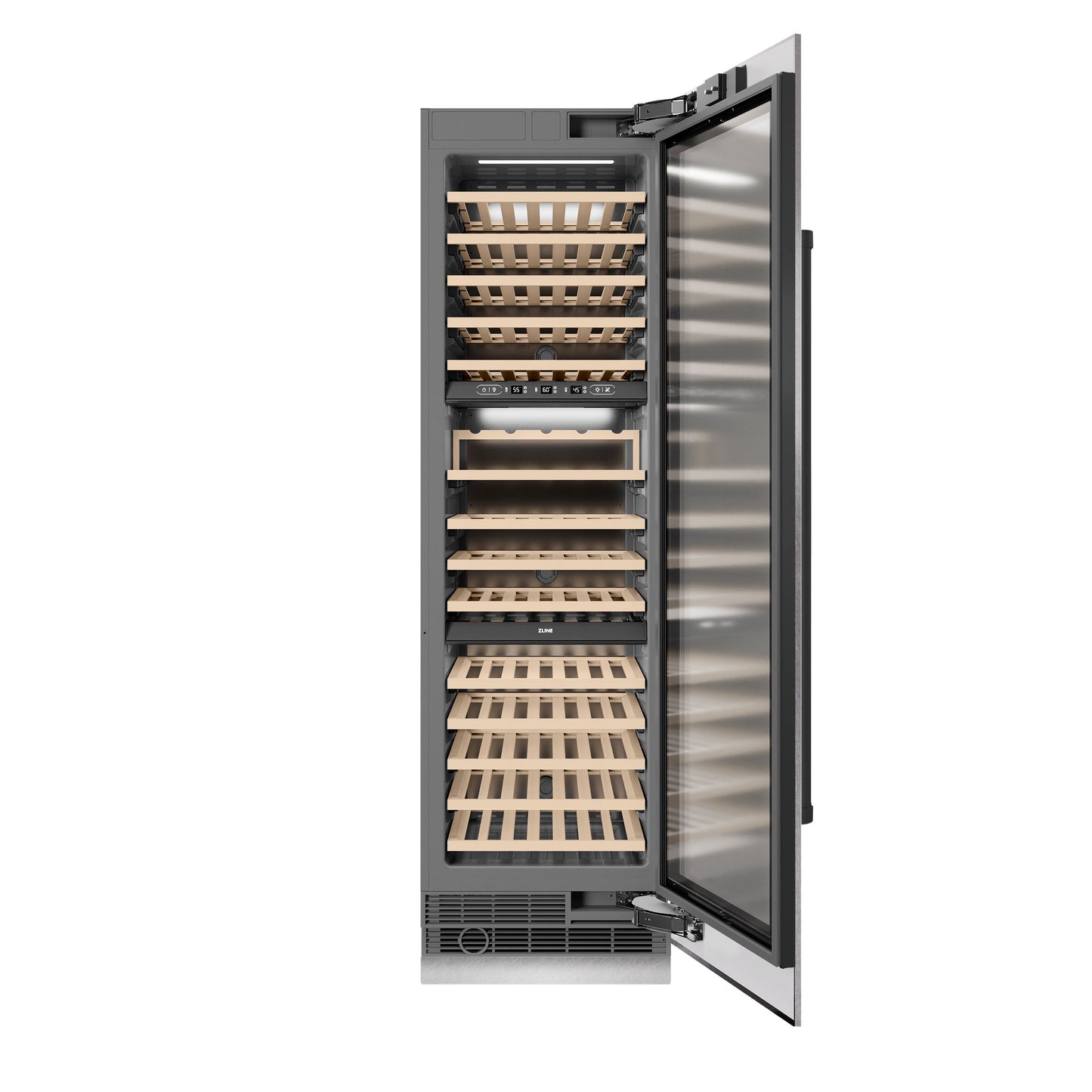 ZLINE Autograph Edition 24 in. 12.4 cu. ft. Triple Zone 100 Bottle Column Wine Cooler in DuraSnow® Stainless Steel and Matte Black Accents (RCWVZ-SN-24-MB)