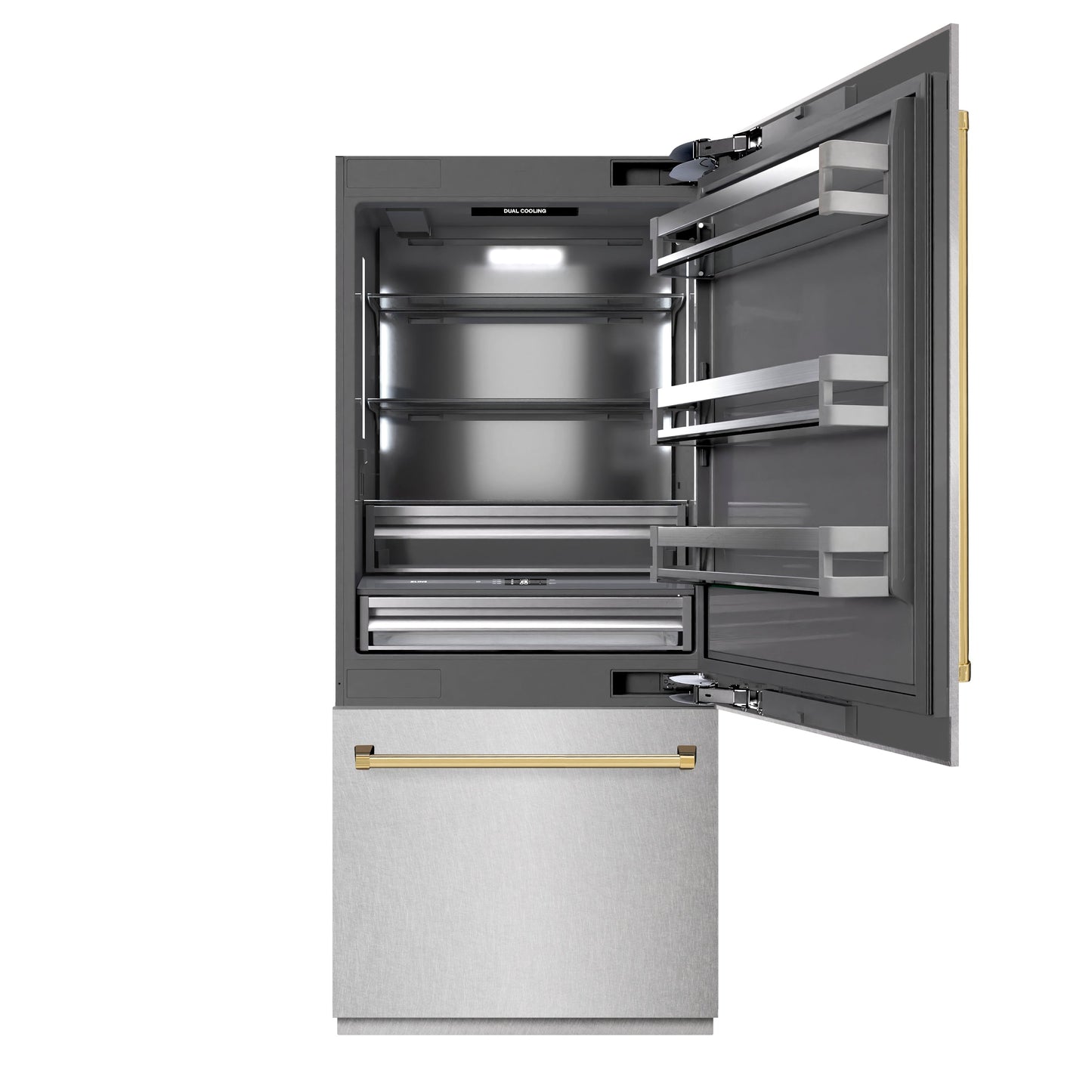 ZLINE Autograph Edition 36 in. 19.8 cu. ft. Built-In Bottom Freezer Refrigerator with Water Dispenser and Ice Maker in DuraSnow® Stainless Steel with Graphite Gray Interior and Polished Gold Accents (GRBITZ-SN-36-G)
