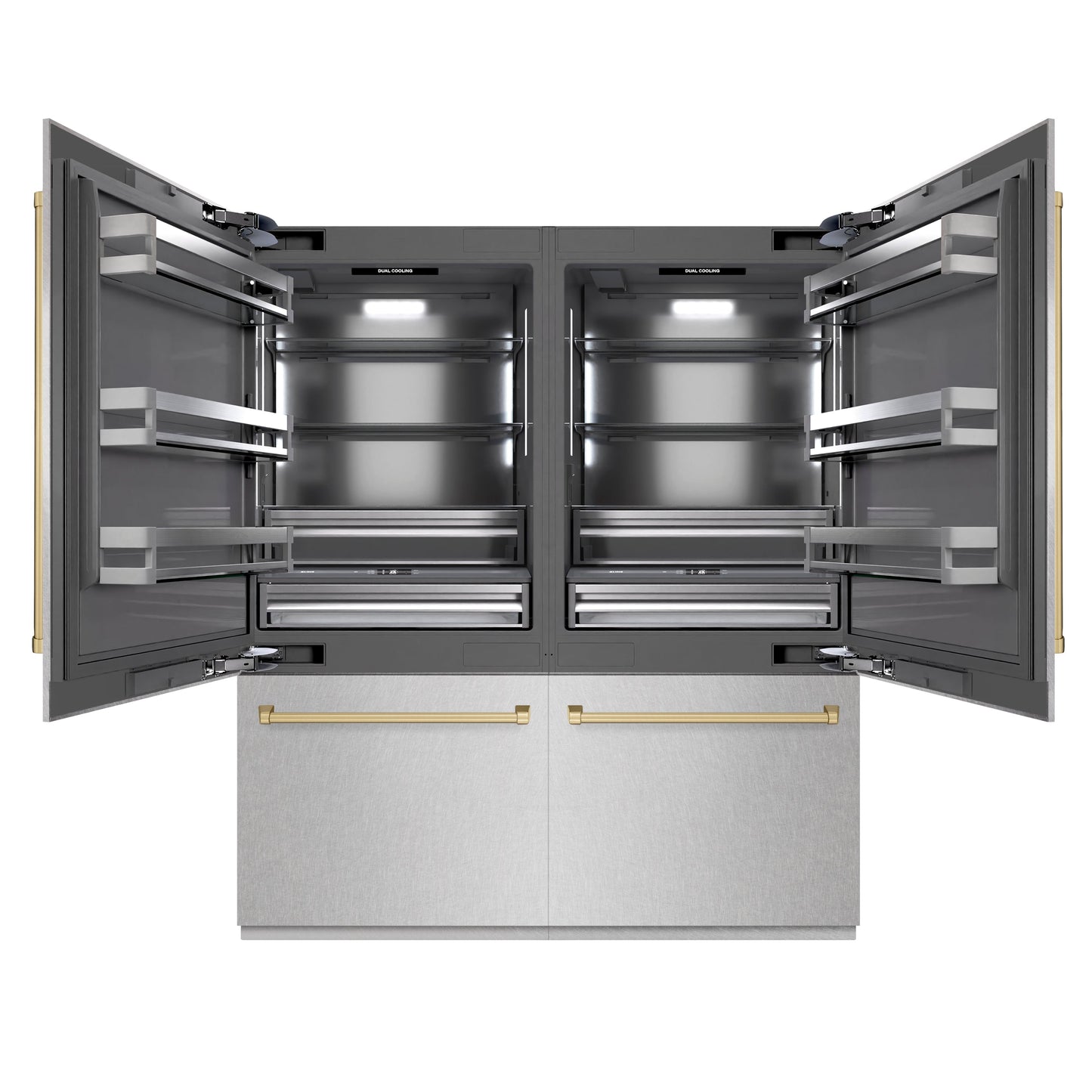 ZLINE Autograph Edition 72 in. 39.6 cu. ft. French Door Built-In Bottom Freezer Refrigerator with Water Dispensers and Ice Makers in DuraSnow® Stainless Steel with Graphite Gray Interior and Champagne Bronze Accents (GRBITZ-SN-72-CB)