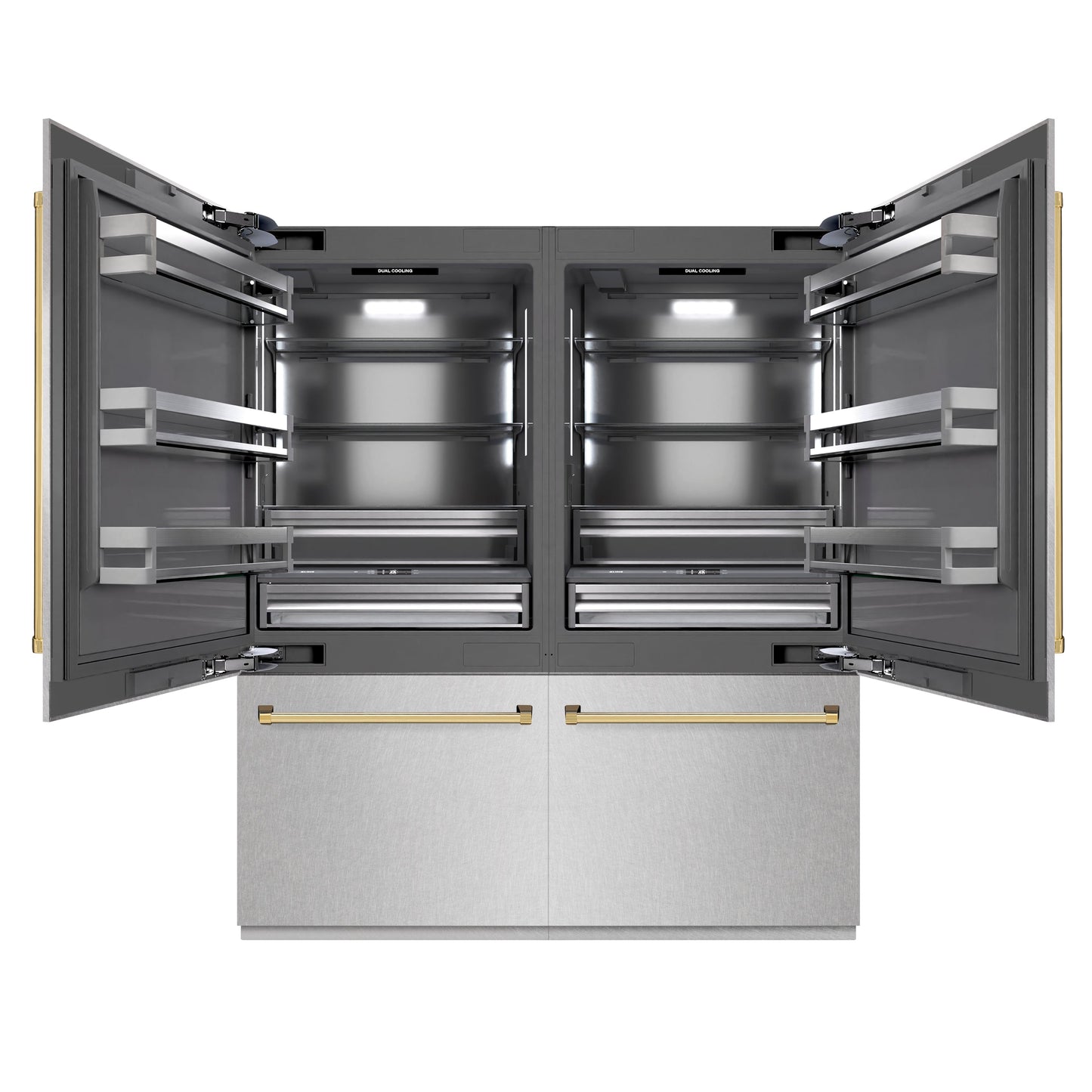 ZLINE Autograph Edition 72 in. 39.6 cu. ft. French Door Built-In Bottom Freezer Refrigerator with Water Dispensers and Ice Makers in DuraSnow® Stainless Steel with graphite Gray Interior and Polished Gold Accents (GRBITZ-SN-72-G)