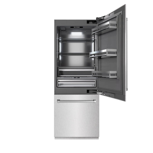 ZLINE 30 in. 16.1 cu. ft. Built-In Bottom Freezer Refrigerator with Water Dispenser and Ice Maker in DuraSnow® Stainless Steel with Graphite Gray Interior (GRBIV-SN-30)
