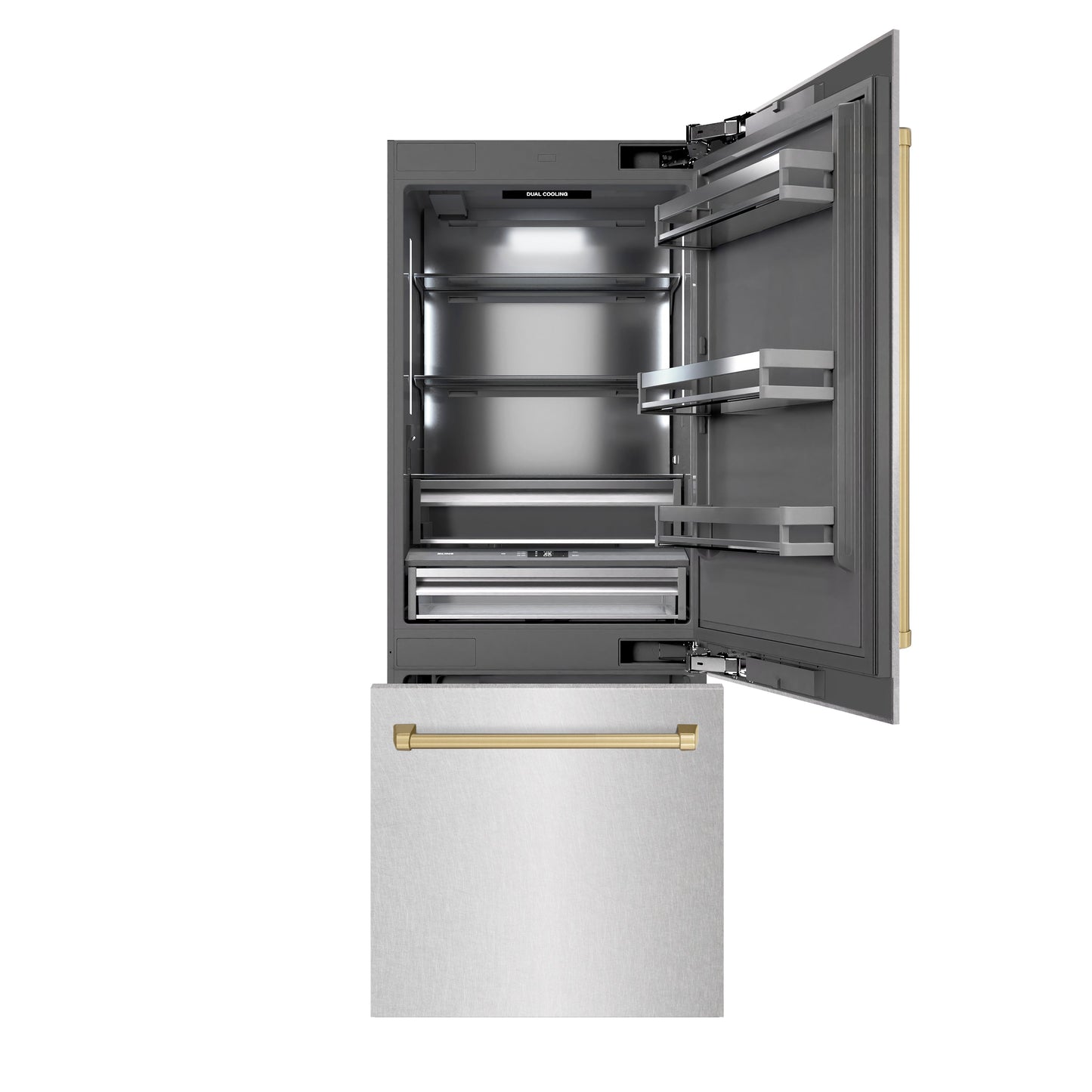 ZLINE Autograph Edition 30 in. 16.1 cu. ft. Built-In Bottom Freezer Refrigerator with Water Dispenser and Ice Maker in DuraSnow® Stainless Steel with Graphite Gray Interior and Champagne Bronze Accents (GRBIVZ-SN-30-CB)