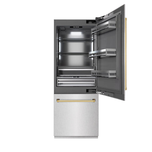 ZLINE Autograph Edition 30 in. 16.1 cu. ft. Built-In Bottom Freezer Refrigerator with Water Dispenser and Ice Maker in DuraSnow® Stainless Steel with Graphite Gray Interior and Polished Gold Accents (GRBIVZ-SN-30-G)