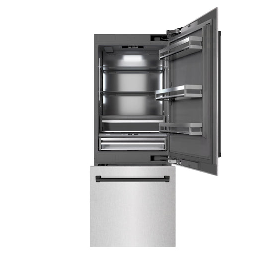 ZLINE Autograph Edition 30 in. 16.1 cu. ft. Built-In Bottom Freezer Refrigerator with Water Dispenser and Ice Maker in DuraSnow® Stainless Steel with Graphite Gray Interior and Matte Black Accents (GRBIVZ-SN-30-MB)