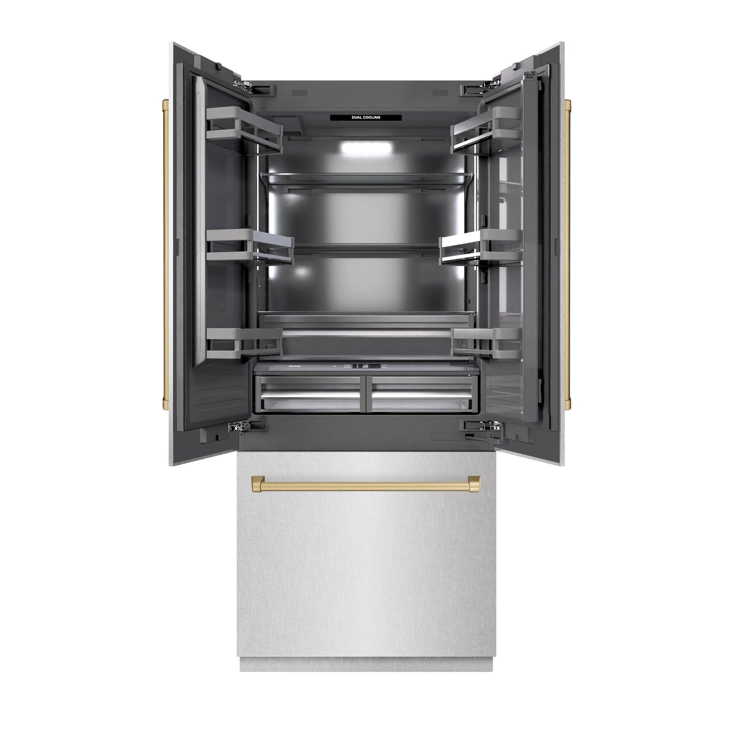 ZLINE Autograph Edition 36 in. 19.6 cu. ft. French Door Built-In Bottom Freezer Refrigerator with Water Dispenser and Ice Maker in DuraSnow® Stainless Steel with Graphite Gray Interior and Champagne Bronze Accents (GRBIVZ-SN-36-CB)