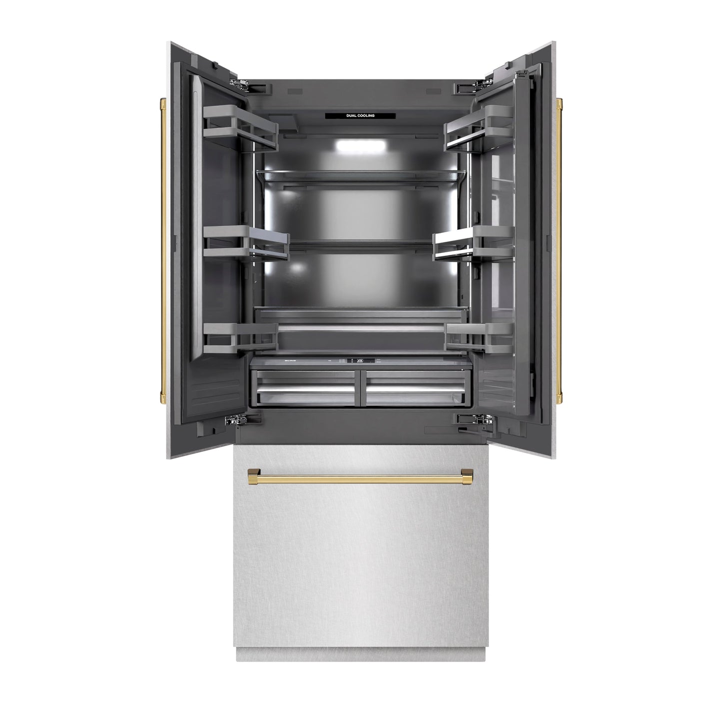 ZLINE Autograph Edition 36 in. 19.6 cu. ft. French Door Built-In Bottom Freezer Refrigerator with Water Dispenser and Ice Maker in DuraSnow® Stainless Steel with Graphite Gray Interior and Polished Gold Accents (GRBIVZ-SN-36-G)