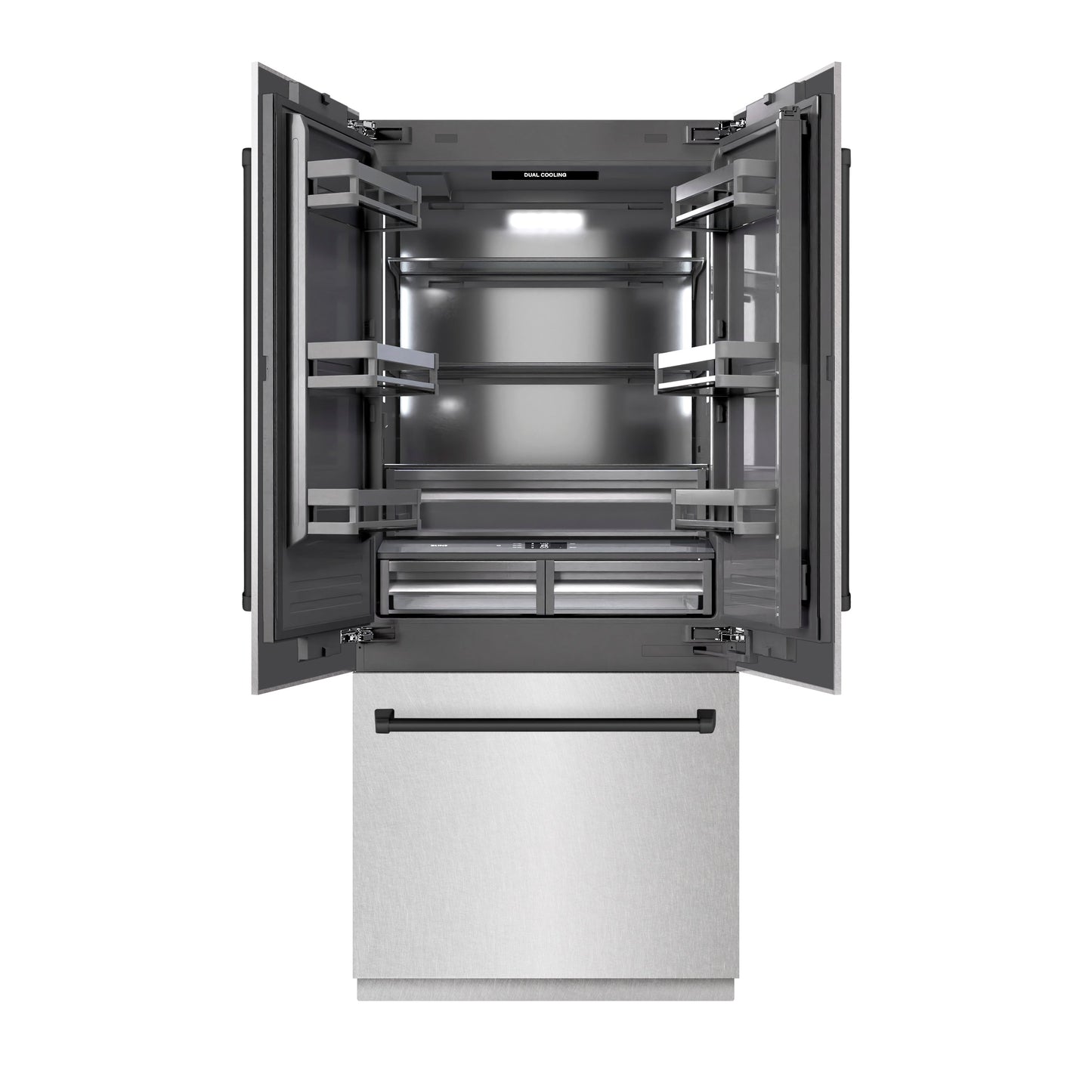 ZLINE Autograph Edition 36 in. 19.6 cu. ft. French Door Built-In Bottom Freezer Refrigerator with Water Dispenser and Ice Maker in DuraSnow® Stainless Steel with Graphite Gray Interior and Matte Black Accents (GRBIVZ-SN-36-MB)