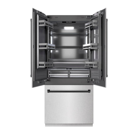 ZLINE Autograph Edition 36 in. 19.6 cu. ft. French Door Built-In Bottom Freezer Refrigerator with Water Dispenser and Ice Maker in DuraSnow® Stainless Steel with Graphite Gray Interior and Matte Black Accents (GRBIVZ-SN-36-MB)