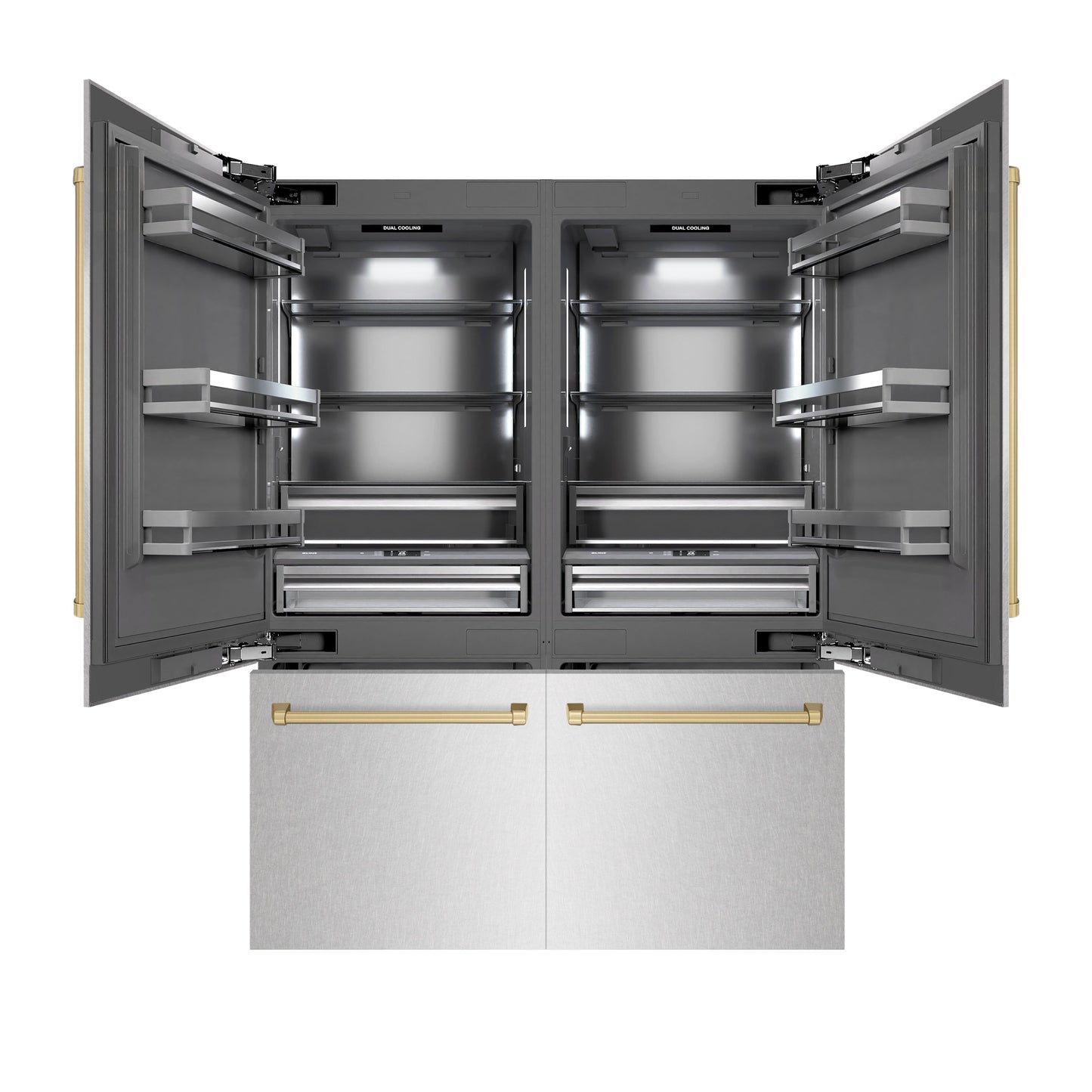 ZLINE Autograph Edition 60 in. 32.2 cu. ft. French Door Built-In Bottom Freezer Refrigerator with Water Dispenser and Ice Maker in DuraSnow® Stainless Steel with Graphite Gray Interior and Champagne Bronze Accents (GRBIVZ-SN-60-CB)