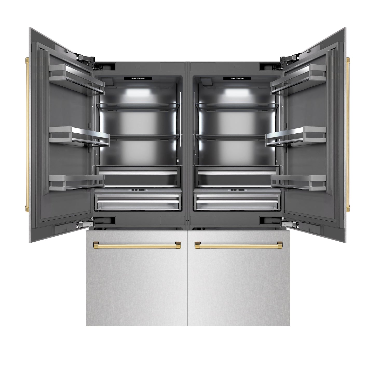 ZLINE Autograph Edition 60 in. 32.2 cu. ft. French Door Built-In Bottom Freezer Refrigerator with Water Dispenser and Ice Maker in DuraSnow® Stainless Steel with Graphite Gray Interior and Polished Gold Accents (GRBIVZ-SN-60-G)