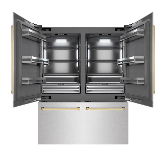 ZLINE Autograph Edition 60 in. 32.2 cu. ft. French Door Built-In Bottom Freezer Refrigerator with Water Dispenser and Ice Maker in DuraSnow® Stainless Steel with Graphite Gray Interior and Polished Gold Accents (GRBIVZ-SN-60-G)