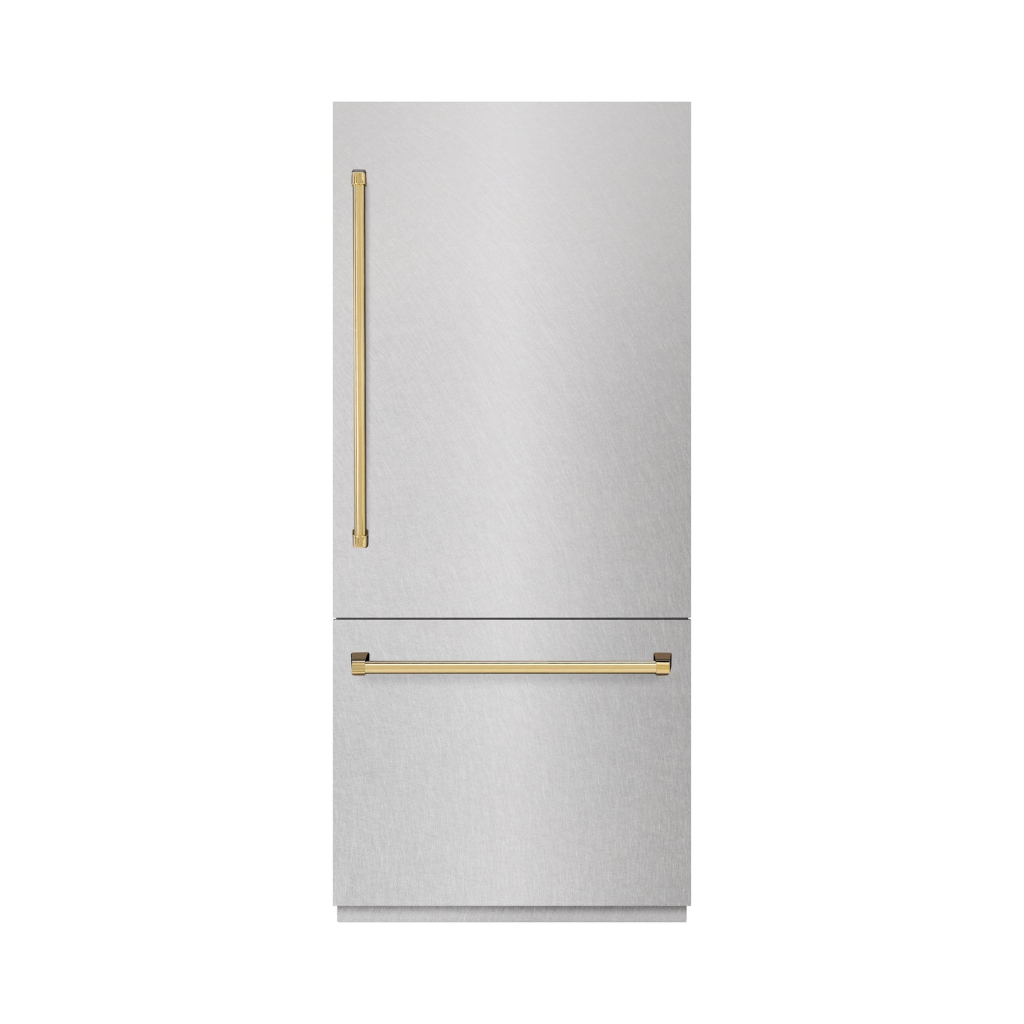ZLINE Autograph Edition 36 in. 19.8 cu. ft. Built-In Bottom Freezer Refrigerator with Water Dispenser and Ice Maker in DuraSnow® Stainless Steel and Polished Gold Accents (RBITZ-SN-36-G)
