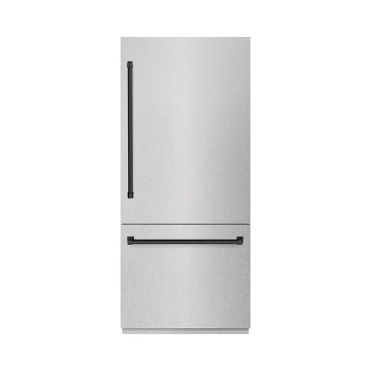 ZLINE Autograph Edition 36 in. 19.8 cu. ft. Built-In Bottom Freezer Refrigerator with Water Dispenser and Ice Maker in DuraSnow® Stainless Steel and Matte Black Accents (RBITZ-SN-36-MB)