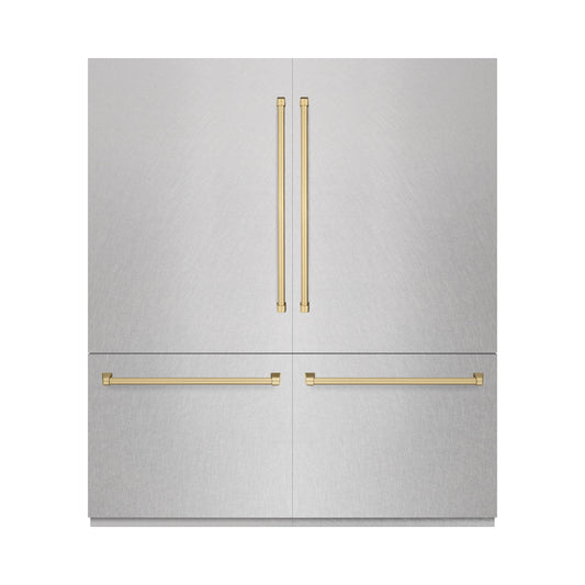 ZLINE Autograph Edition 72 in. 39.6 cu. ft. French Door Built-In Bottom Freezer Refrigerator with Water Dispensers and Ice Makers in DuraSnow® Stainless Steel and Champagne Bronze Accents (RBITZ-SN-72-CB)