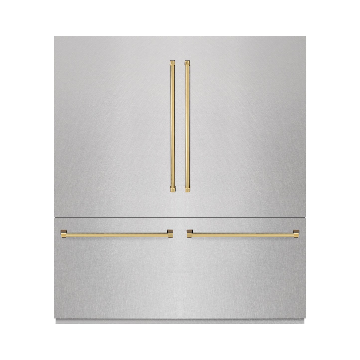 ZLINE Autograph Edition 72 in. 39.6 cu. ft. French Door Built-In Bottom Freezer Refrigerator with Water Dispensers and Ice Makers in DuraSnow® Stainless Steel and Polished Gold Accents (RBITZ-SN-72-G)